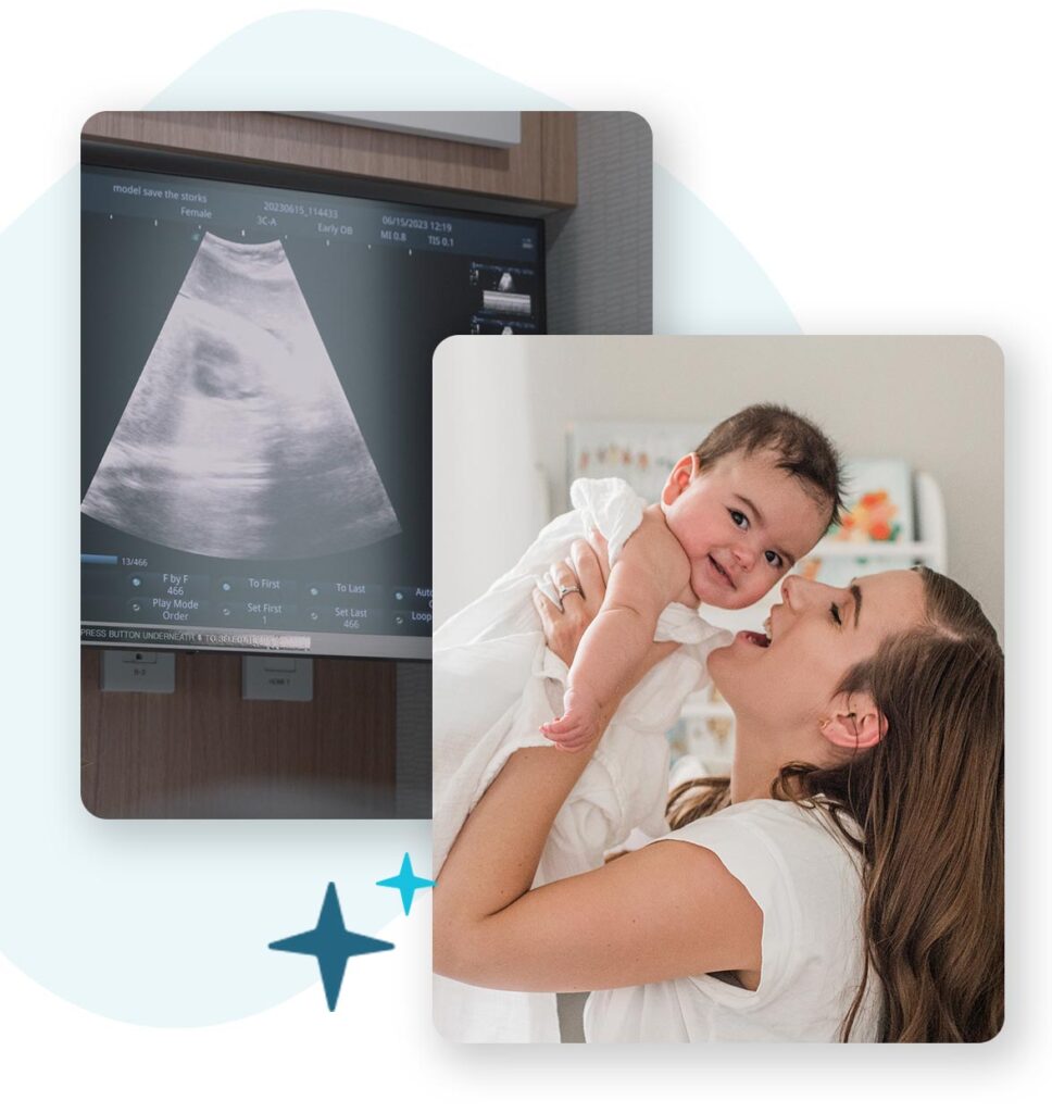 mom holding up baby, overlayed on ultrasound image